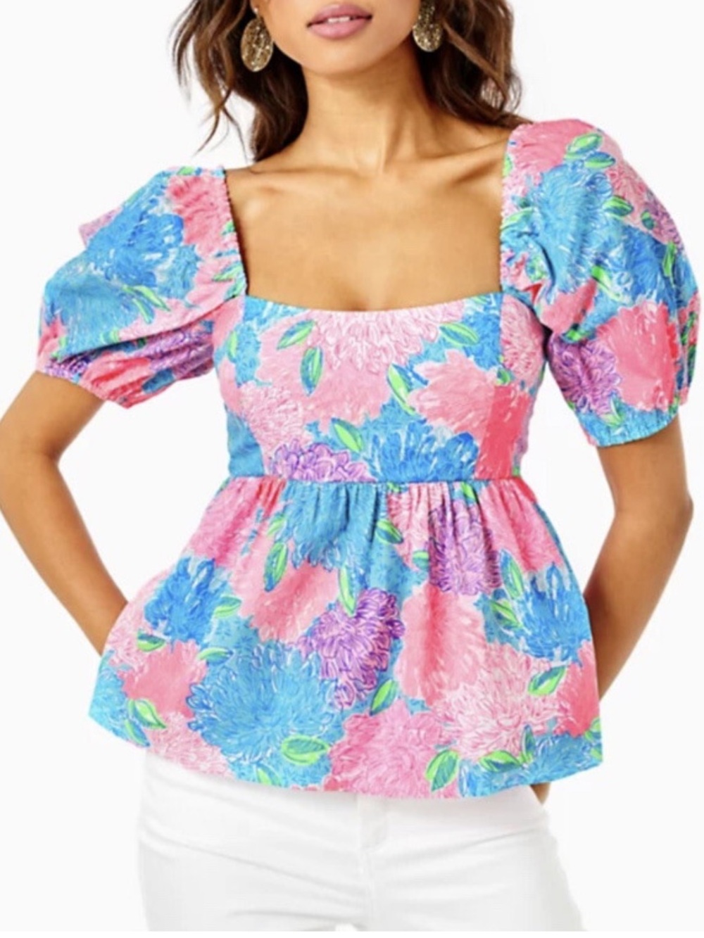 Lilly Pulitzer Pink & Blue Floral Square-Neck Puff Sleeve Peplum Top